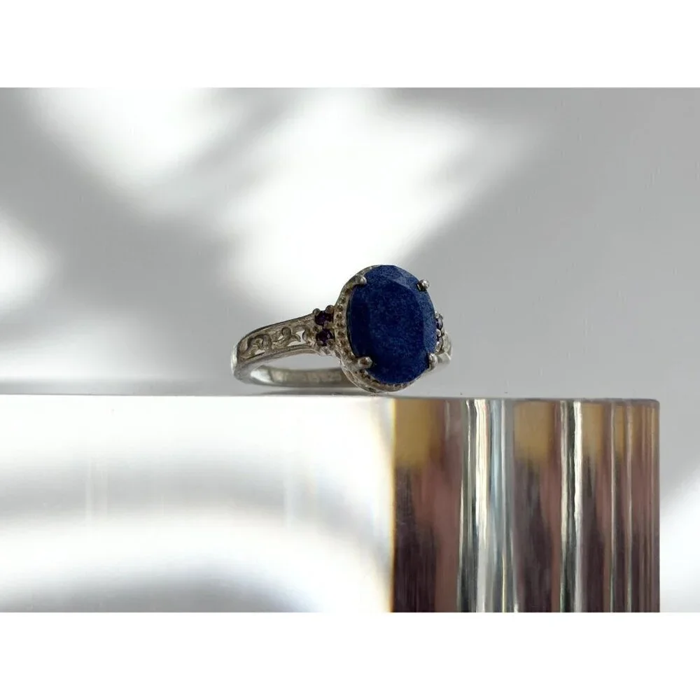 Lapis Lazuli Oval Cut Ornate Cutout Sterling Silver Vintage Ring - sz 4.75 - Picture 5 of 10